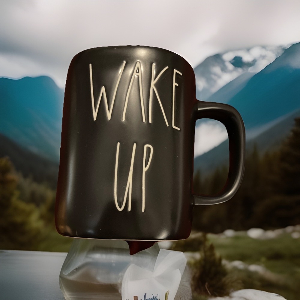Rae Dunn WAKE UP Coffee Mug/Cup Black W/White Text Ceramic Big Cup Of Coffee
